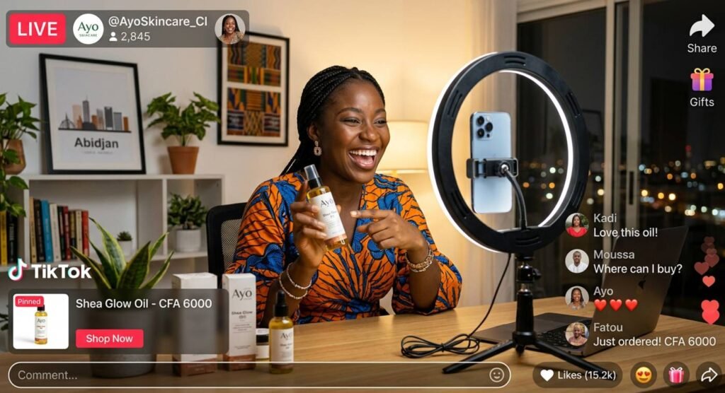 Young Ivorian entrepreneur doing a TikTok live shopping session on smartphone