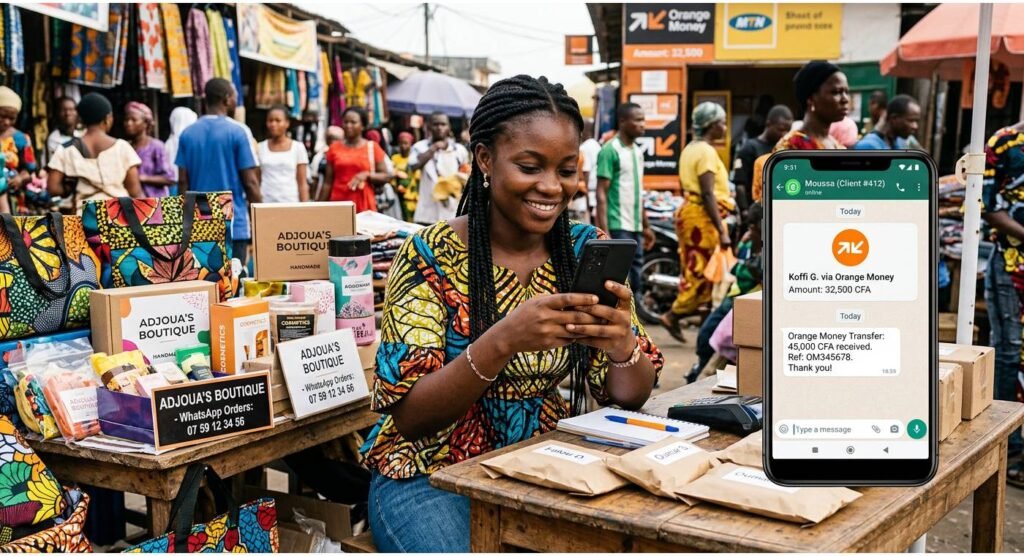 Young Ivorian entrepreneur using smartphone to manage WhatsApp Business