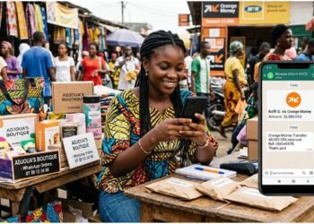 Young Ivorian entrepreneur using smartphone to manage WhatsApp Business
