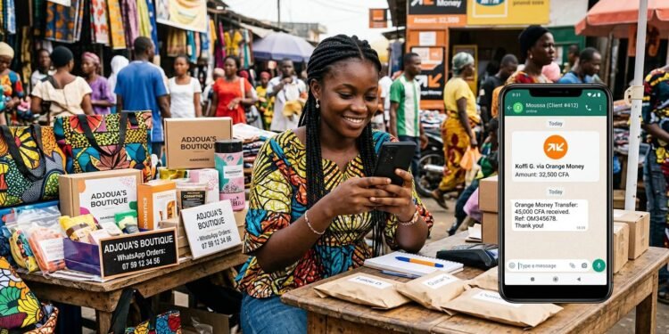 Young Ivorian entrepreneur using smartphone to manage WhatsApp Business