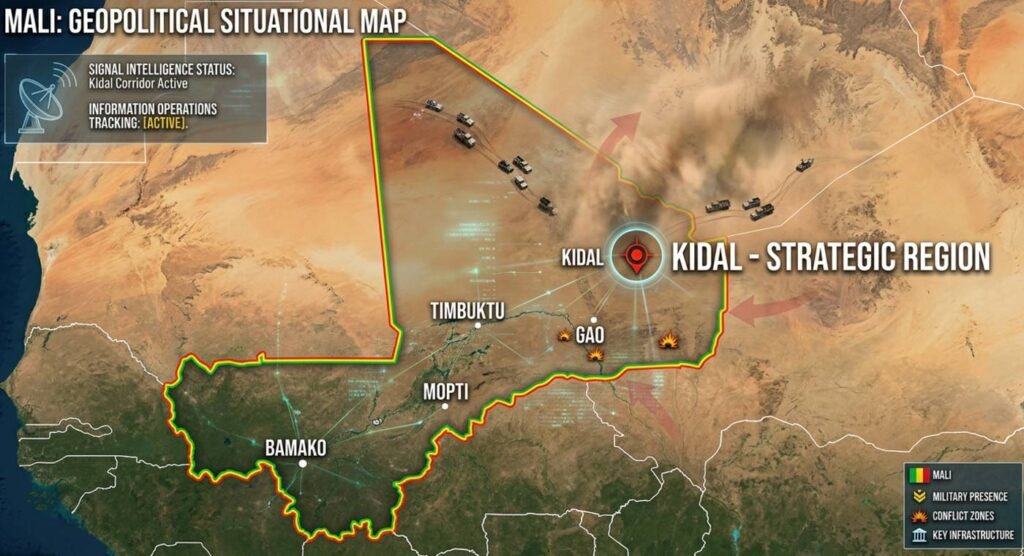 Map of Mali with the strategic northern city of Kidal highlighted, military vehicles