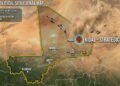 Map of Mali with the strategic northern city of Kidal highlighted, military vehicles