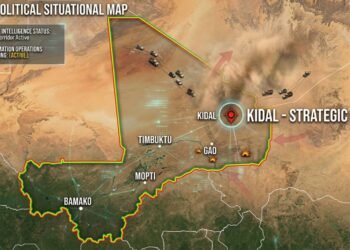Map of Mali with the strategic northern city of Kidal highlighted, military vehicles
