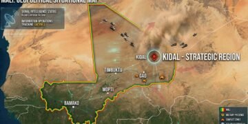 Map of Mali with the strategic northern city of Kidal highlighted, military vehicles