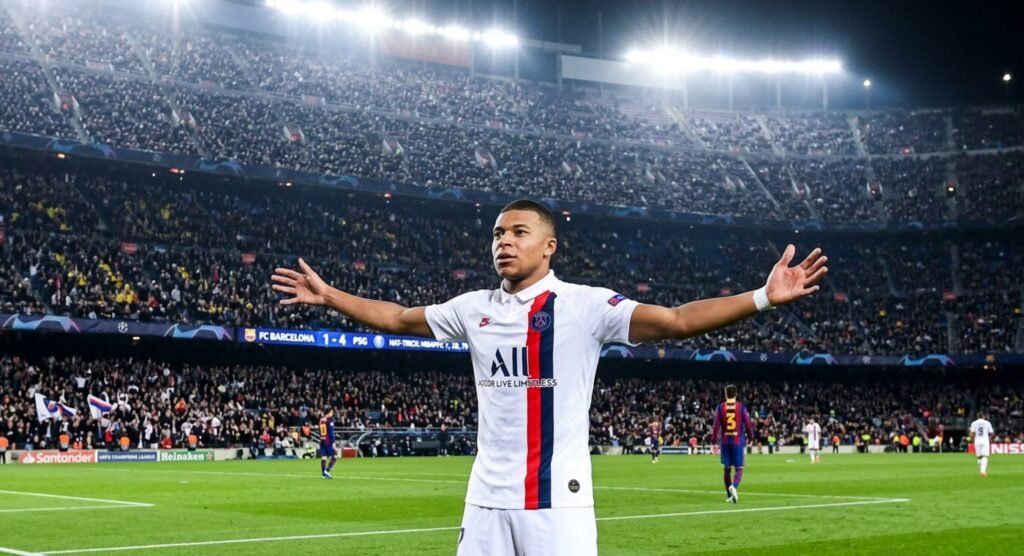 Kylian Mbappé in PSG white away jersey celebrating a hat-trick goal at Camp Nou stadi
